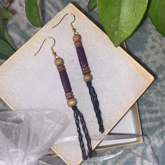 Purple theme Hand Crafted Macrame Tassel Fringe Earrings Wood Beaded Accents - Picture 6 of 11